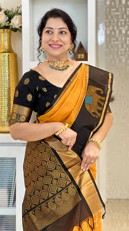 MUSTARD YELLOW WITH BLACK SAREE