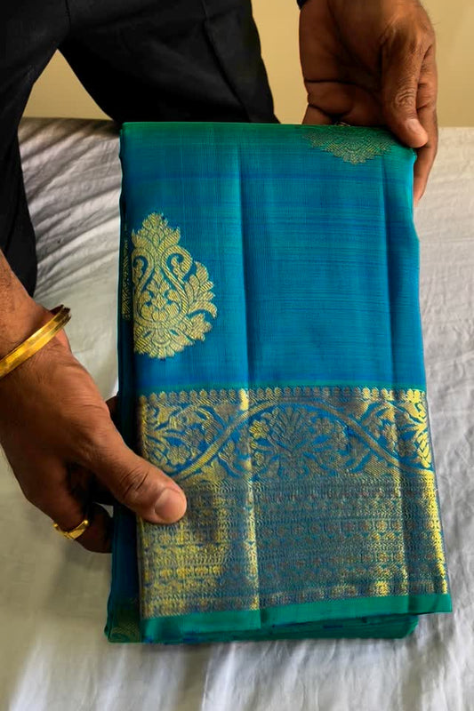 Golden Peacock Teal Saree
