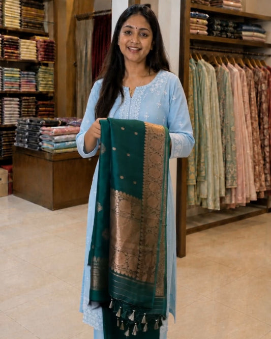 Dark Green Cotton Zari Suit