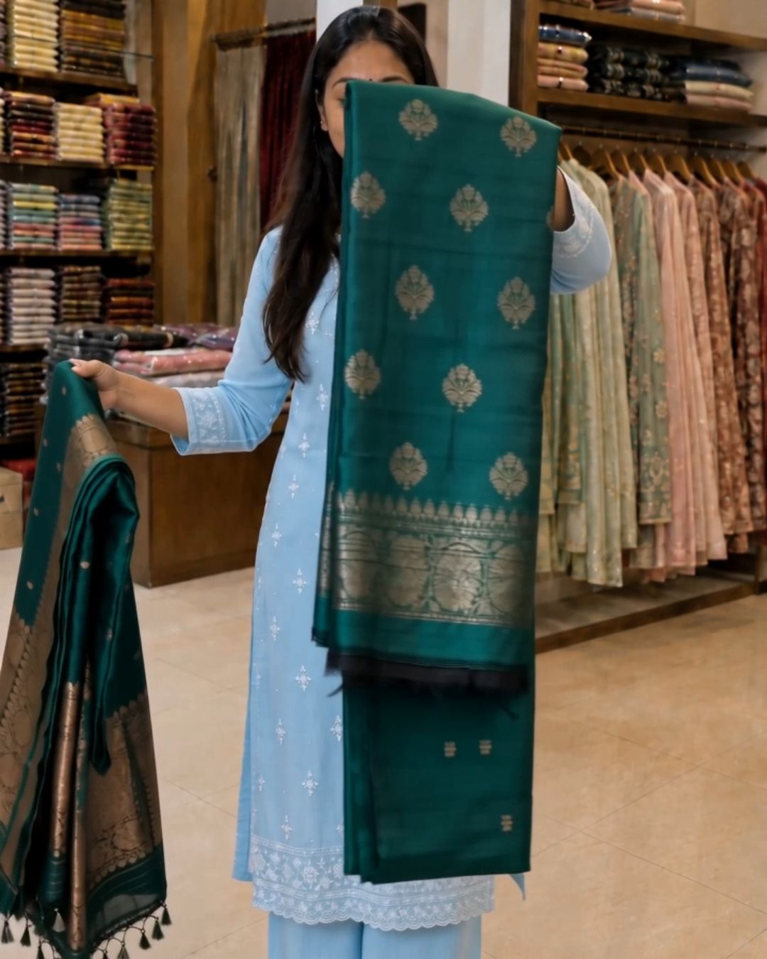 Dark Green Cotton Zari Suit