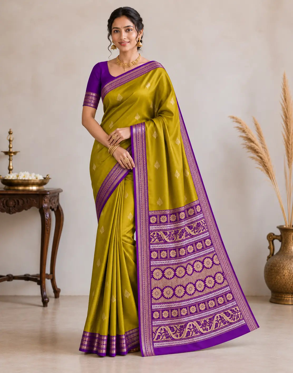 Oil-Green Purple Silk Saree