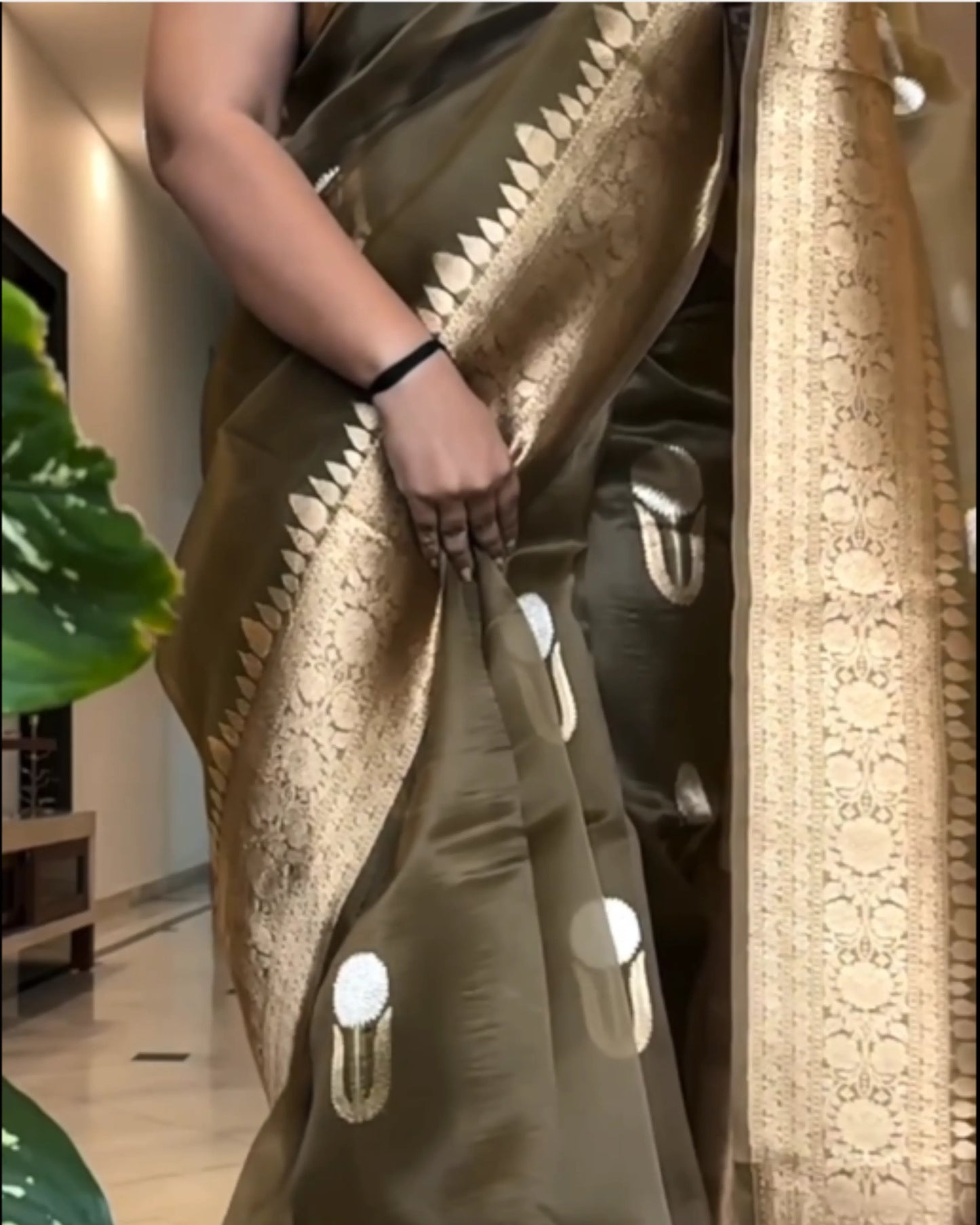 Olive Green Kora Silk Saree