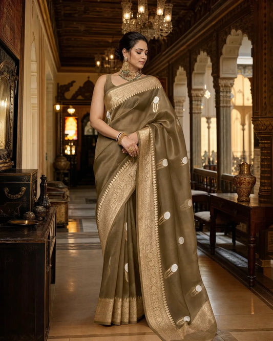 Olive Green Kora Silk Saree